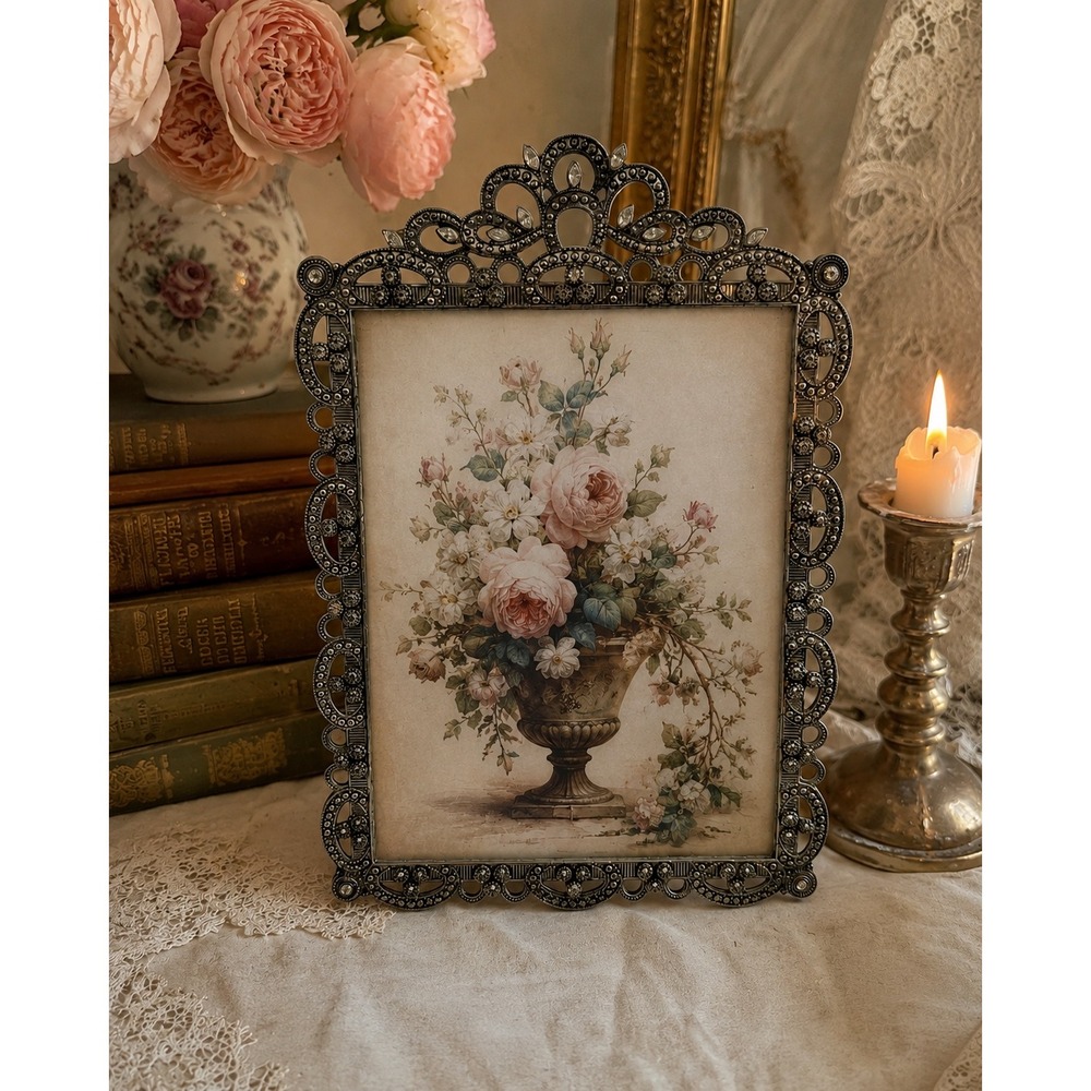 Vintage Ornate Silver Rhinestone Filigree Picture Frame Victorian Style